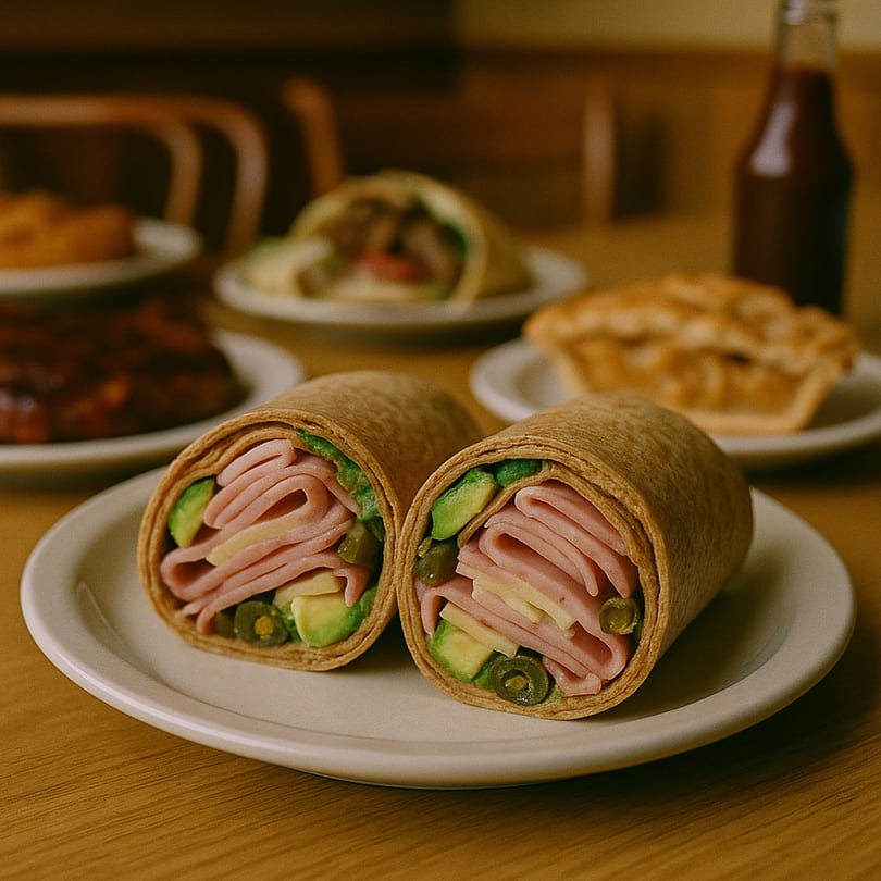Two Ham Shop ham, avocado, cheese, and jalapeño wraps on a white plate with other dishes.