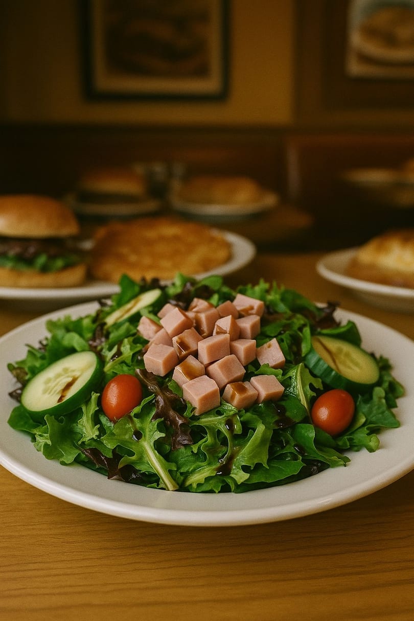 A Ham Shop salad with cubed ham, mixed greens, cherry tomatoes, and cucumber slices.