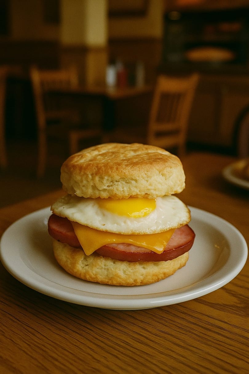 A Ham Shop biscuit sandwich with ham, cheese, and a fried egg on a white plate.