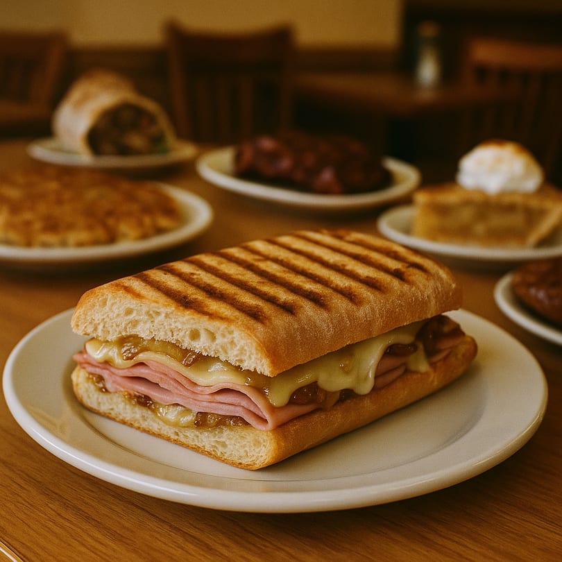 Ham and cheese panini with caramelized onions on a white plate, surrounded by other dishes.