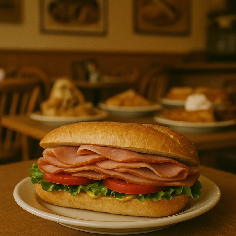 A Ham Shop ham sandwich with lettuce, tomato, and mustard on a white plate, with other dishes blurred in the background.