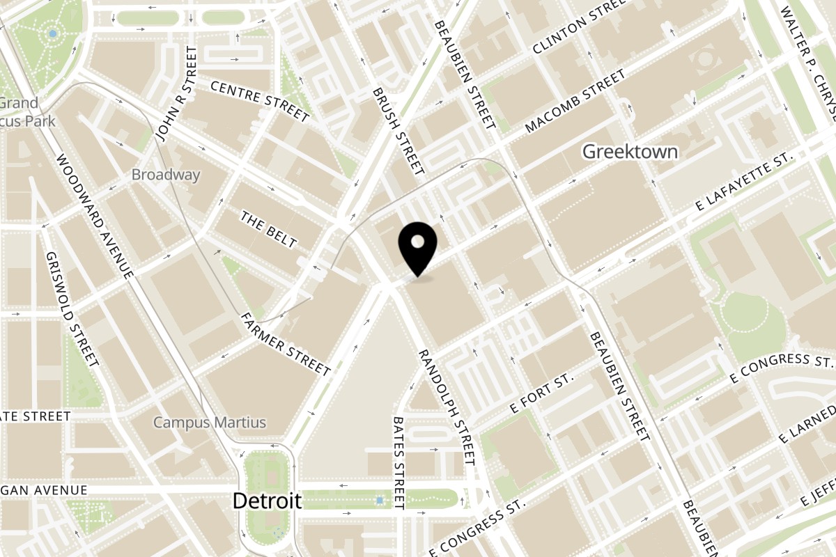 Map showing the location of Ham Shop on 330 Monroe St in Detroit